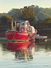 A painting of Puffin Billi fishing boat in Lymington Harbour in early morning light by Margaret Heath RSMA.